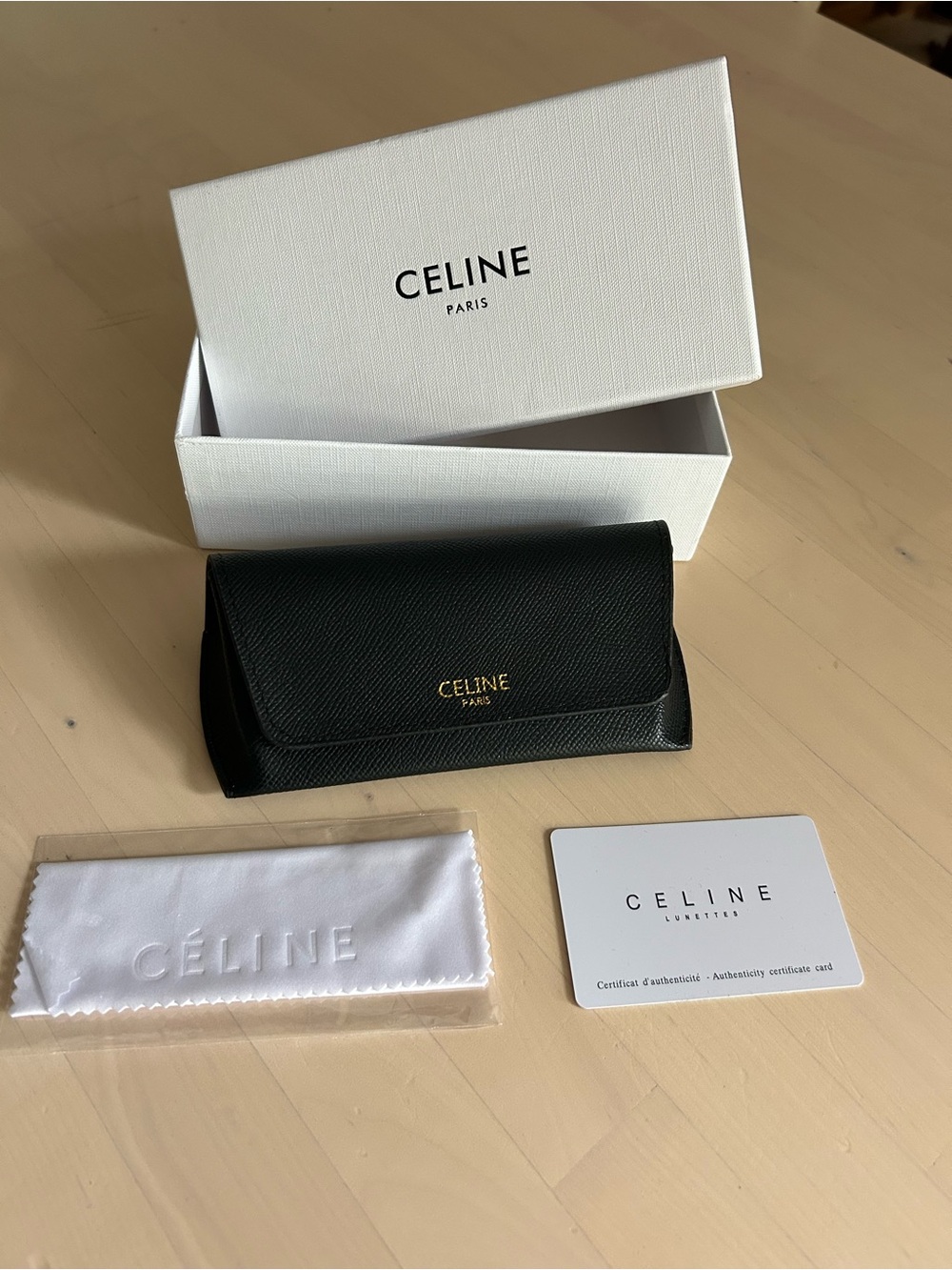 Celine Black Leather Eyewear Case with Gold Logo and box